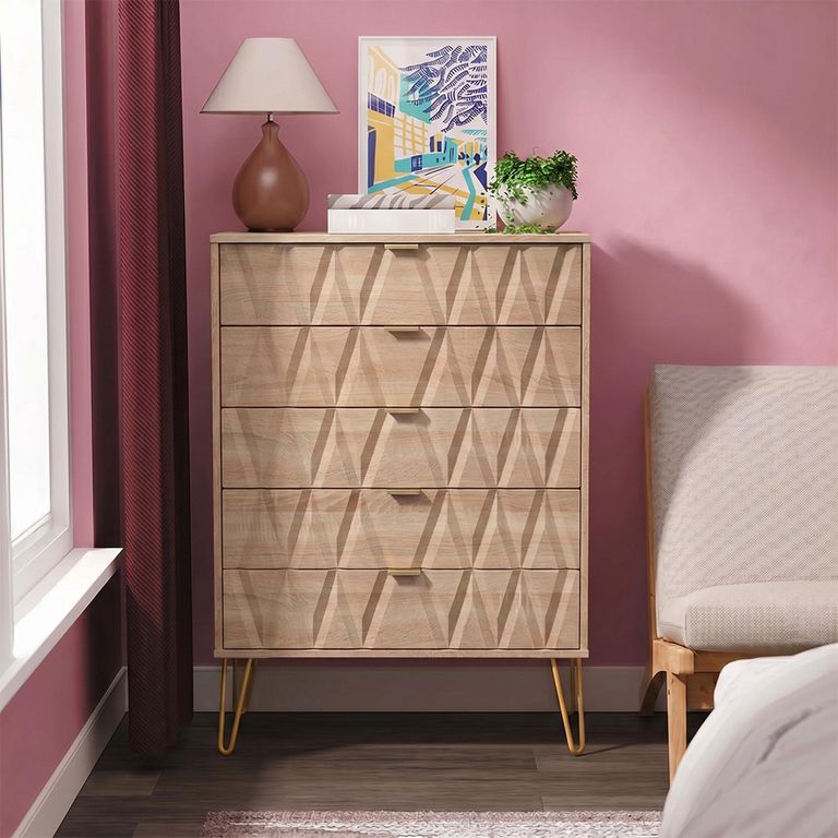 Diamond Chest - 5 Drawer - with Gold Hairpin Legs - Oak