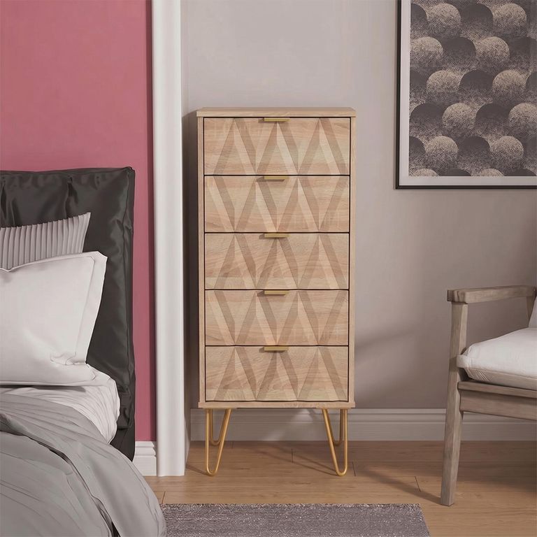 Diamond Narrow Chest - 5 Drawer - with Gold Hairpin Legs - Oak