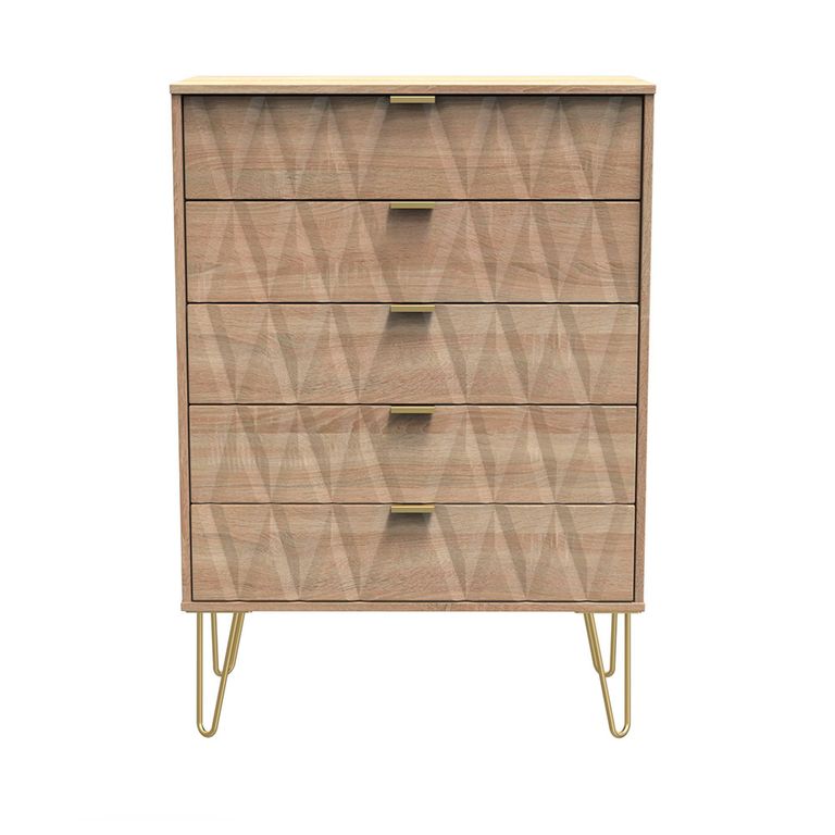Diamond Chest - 5 Drawer - with Gold Hairpin Legs - Oak
