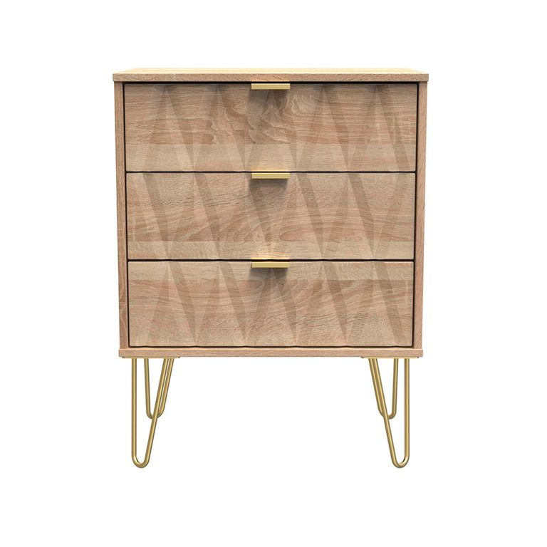 Diamond Midi Chest - 3 Drawer - with Gold Hairpin Legs - Oak