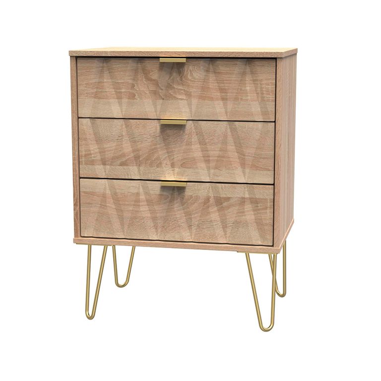 Diamond Midi Chest - 3 Drawer - with Gold Hairpin Legs - Oak