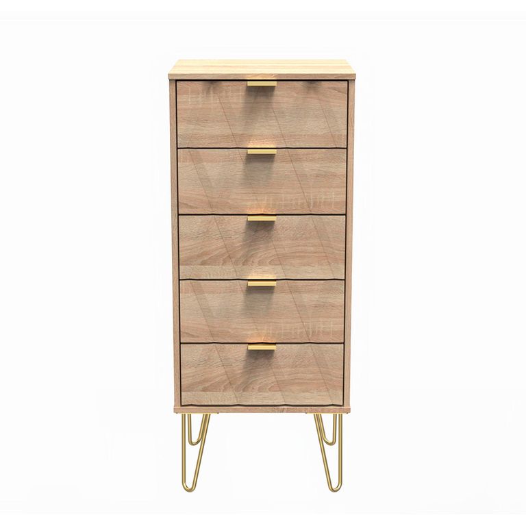 Diamond Narrow Chest - 5 Drawer - with Gold Hairpin Legs - Oak