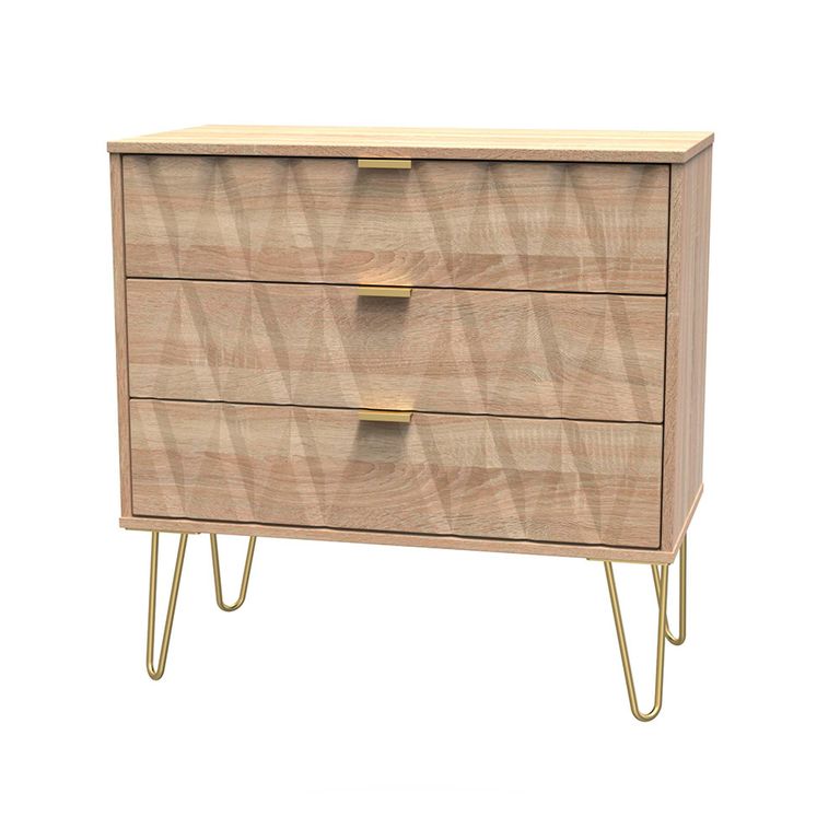 Diamond Small Chest - 3 Drawer - with Gold Hairpin Legs - Oak