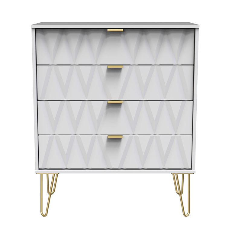 Diamond Chest - 4 Drawer - with Gold Hairpin Legs - White