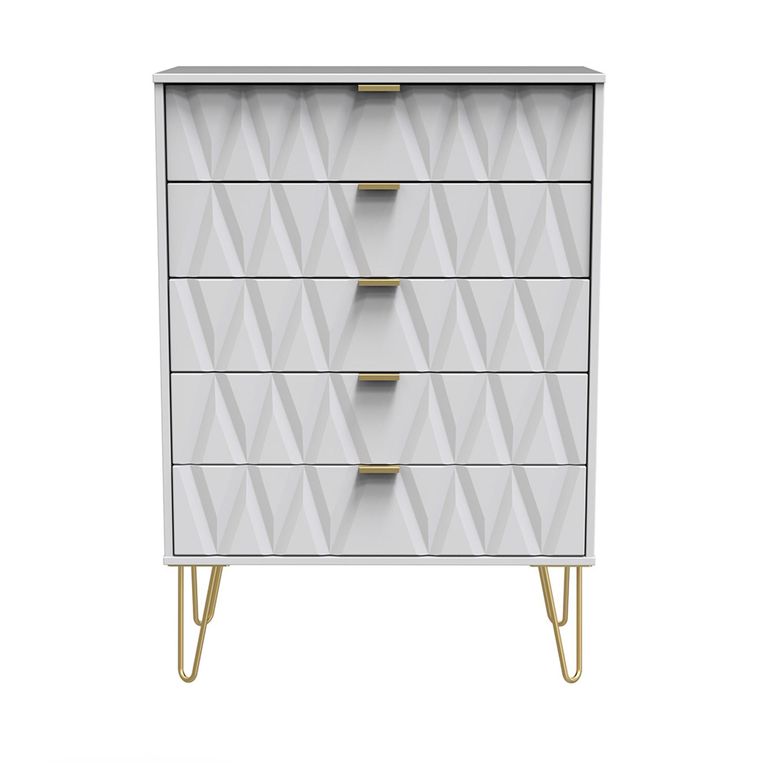 Diamond Chest - 5 Drawer - with Gold Hairpin Legs - White