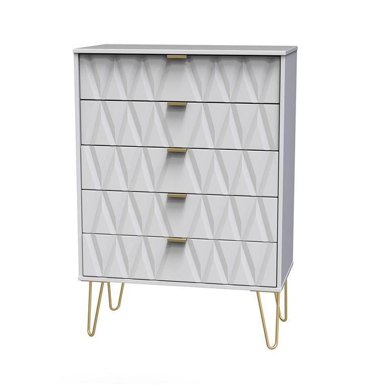 Diamond Chest - 5 Drawer - with Gold Hairpin Legs - White