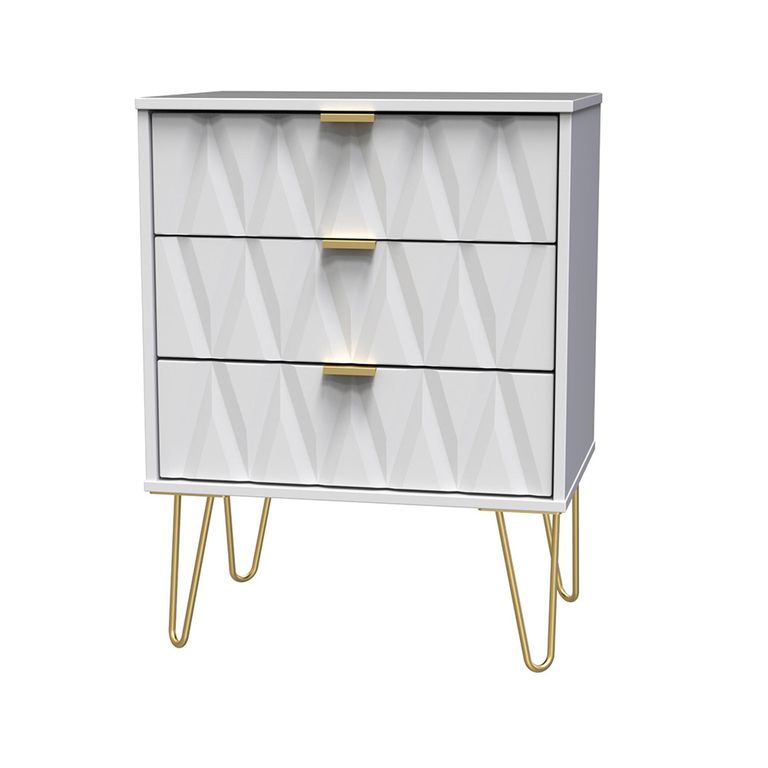 Diamond Midi Chest - 3 Drawer - with Gold Hairpin Legs - White