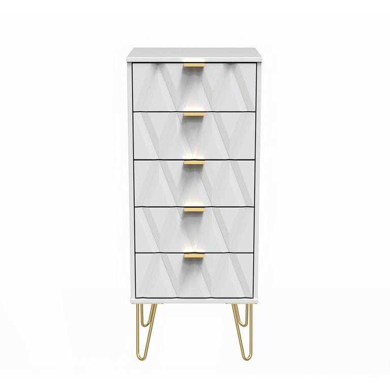 Diamond Narrow Chest - 5 Drawer - with Gold Hairpin Legs - White