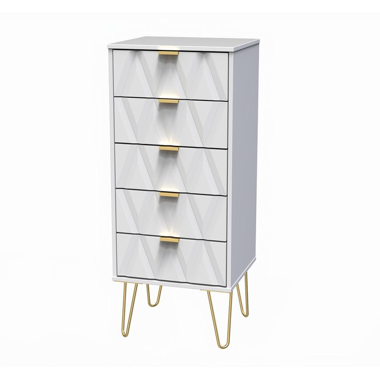 Diamond Narrow Chest - 5 Drawer - with Gold Hairpin Legs - White