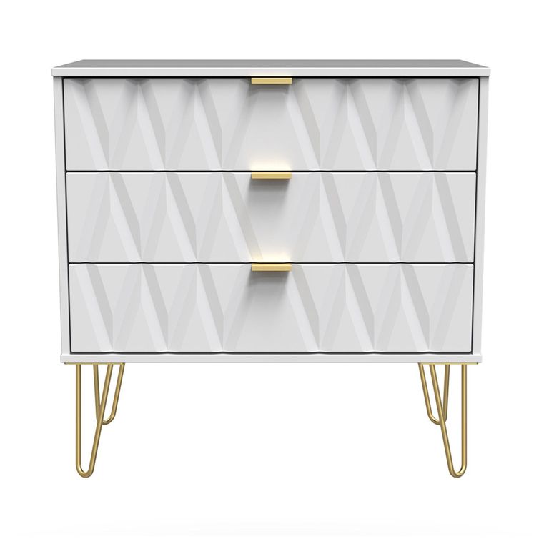 Diamond Small Chest - 3 Drawer - with Gold Hairpin Legs - White