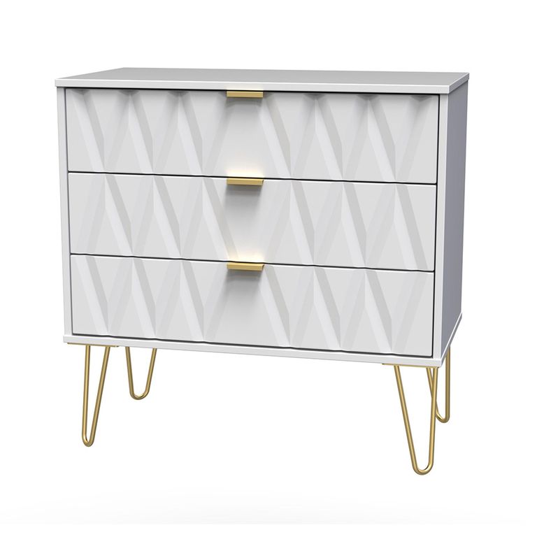 Diamond Small Chest - 3 Drawer - with Gold Hairpin Legs - White