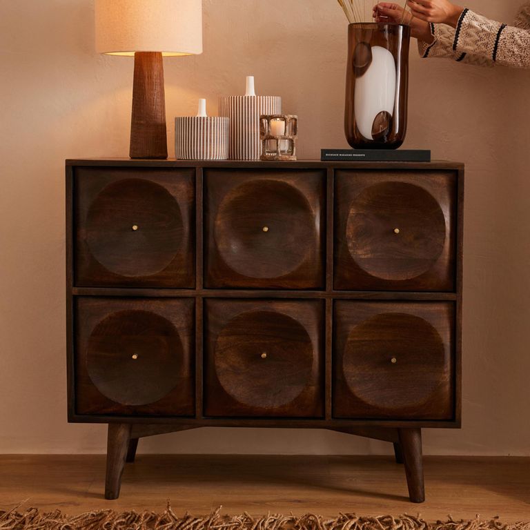 Circle Design Chest - 6 Drawer - Wide - Dark Brown Wood