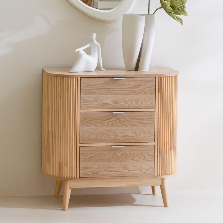 Curved Fluted Chest - 3 Drawer - Narrow - Natural Wood