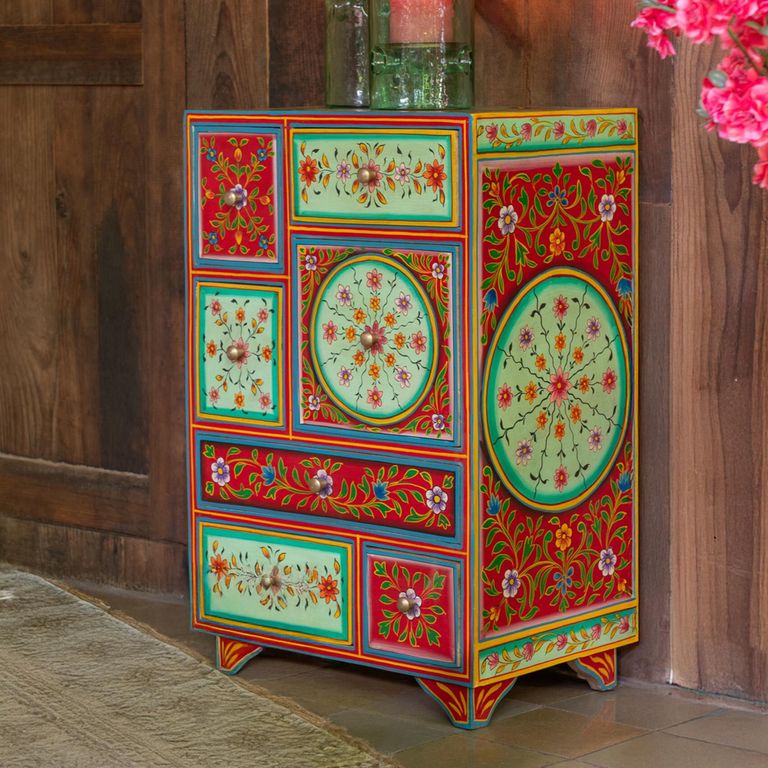Mumbai Painted Chest - Multi Drawer - Red and Green - Mango Wood