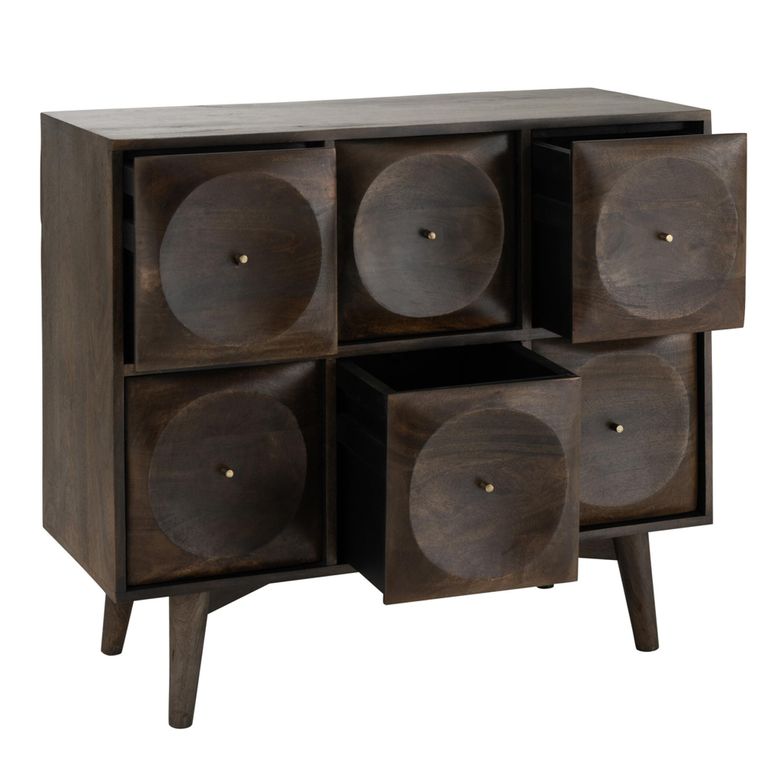 Circle Design Chest - 6 Drawer - Wide - Dark Brown Wood