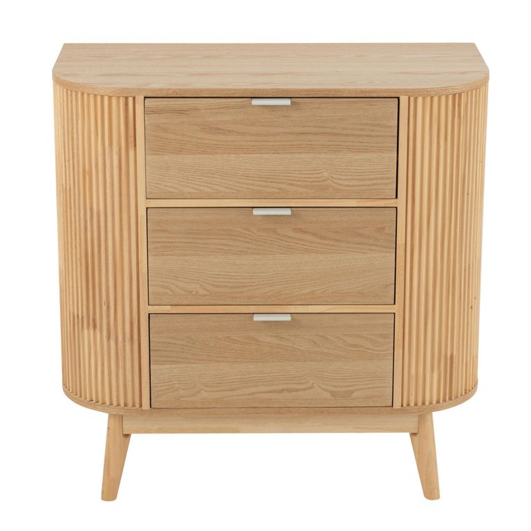 Curved Fluted Chest - 3 Drawer - Narrow - Natural Wood