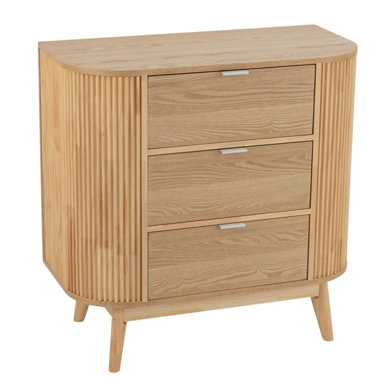 Curved Fluted Chest - 3 Drawer - Narrow - Natural Wood