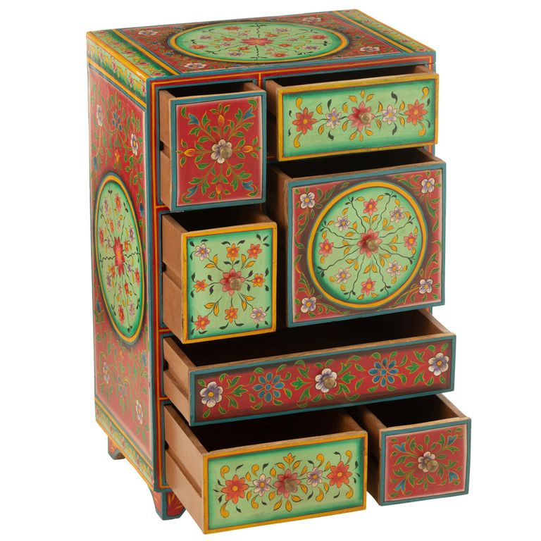 Mumbai Painted Chest - Multi Drawer - Red and Green - Mango Wood