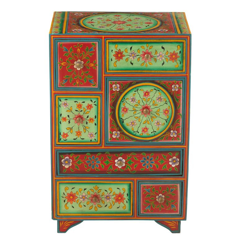 Mumbai Painted Chest - Multi Drawer - Red and Green - Mango Wood