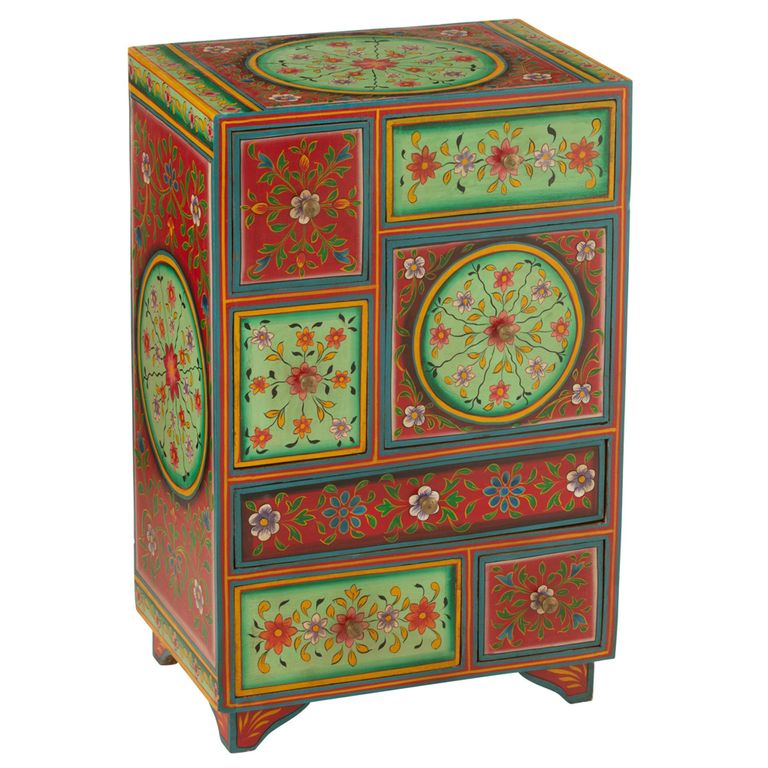 Mumbai Painted Chest - Multi Drawer - Red and Green - Mango Wood
