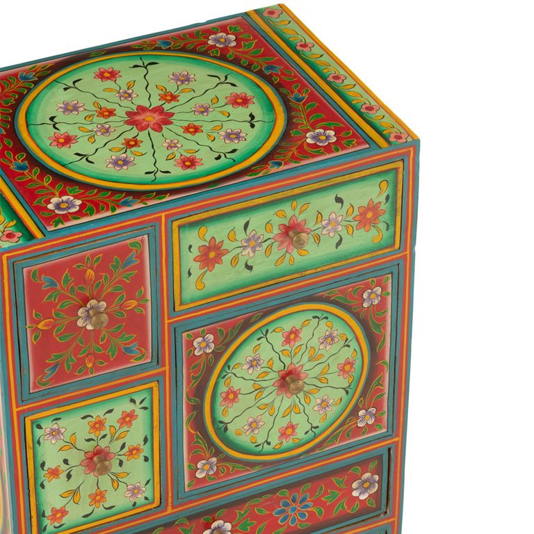 Mumbai Painted Chest - Multi Drawer - Red and Green - Mango Wood