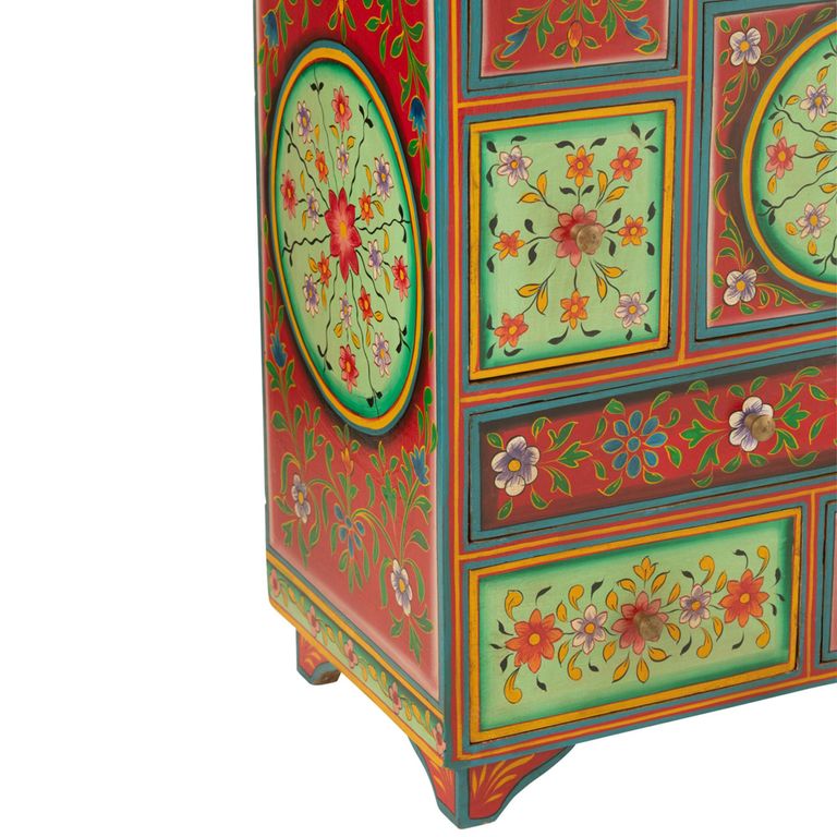 Mumbai Painted Chest - Multi Drawer - Red and Green - Mango Wood