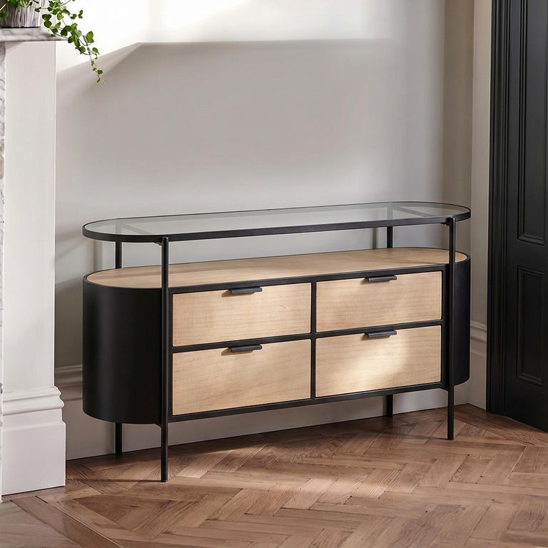 Ivy Curved Chest - 4 Drawer - Wide - Glass Top - Natural and Black Metal