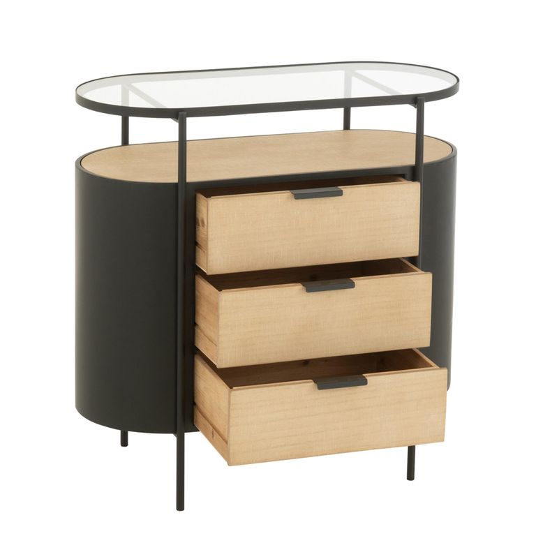 Ivy Curved Chest - 3 Drawer - Narrow - Glass Top - Natural and Black Metal
