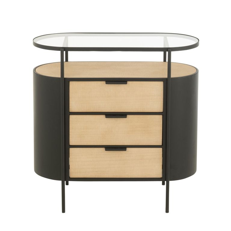 Ivy Curved Chest - 3 Drawer - Narrow - Glass Top - Natural and Black Metal