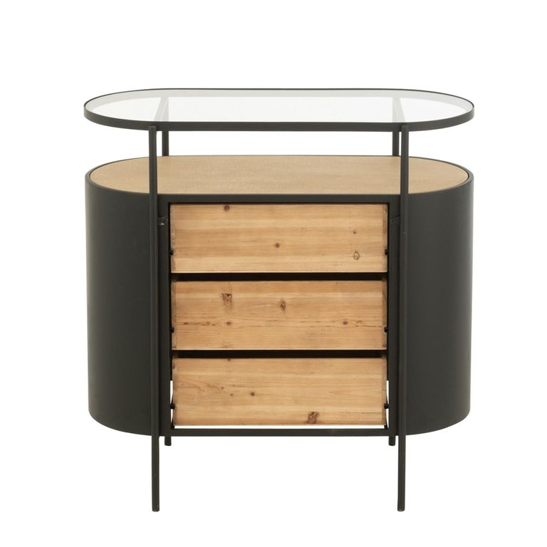 Ivy Curved Chest - 3 Drawer - Narrow - Glass Top - Natural and Black Metal