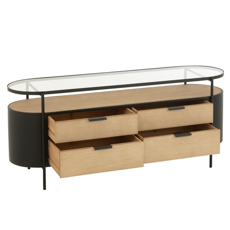 Ivy Curved Chest - 4 Drawer - Wide - Glass Top - Natural and Black Metal