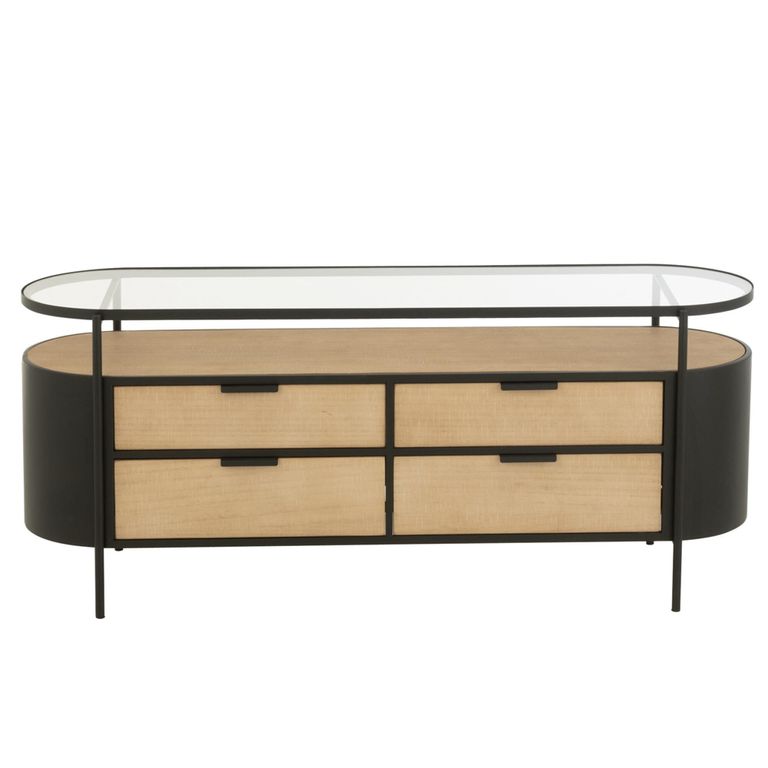 Ivy Curved Chest - 4 Drawer - Wide - Glass Top - Natural and Black Metal