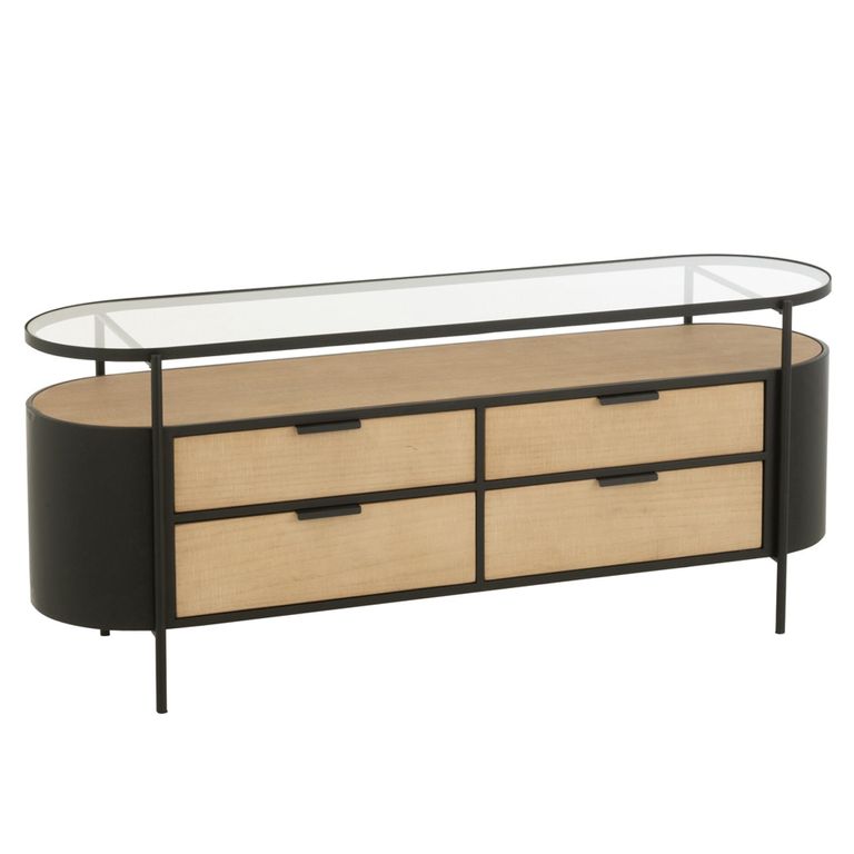 Ivy Curved Chest - 4 Drawer - Wide - Glass Top - Natural and Black Metal