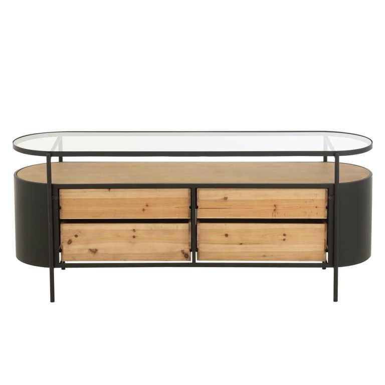 Ivy Curved Chest - 4 Drawer - Wide - Glass Top - Natural and Black Metal