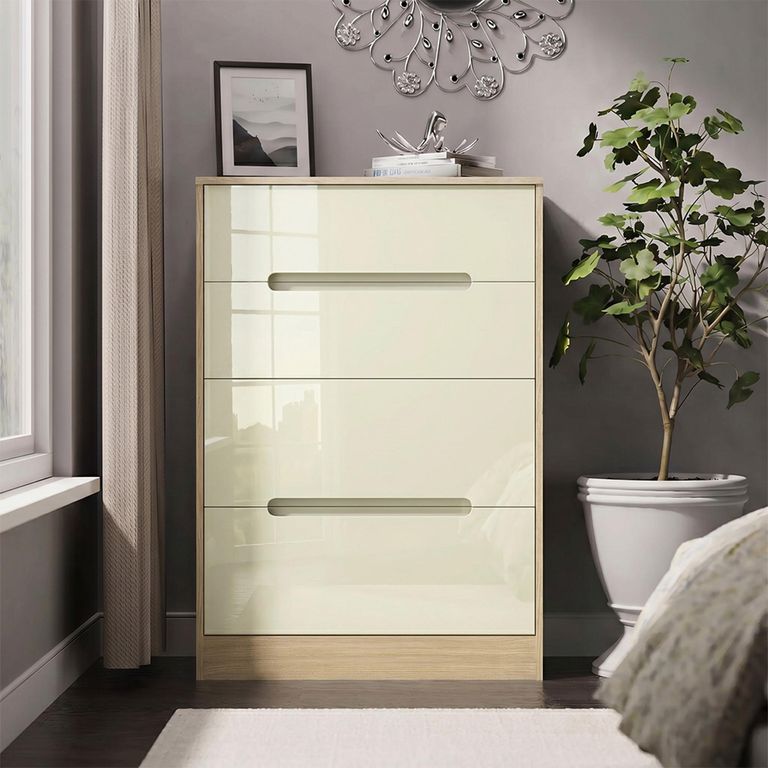 Monaco Chest - Deep Midi - 4 Drawer - Cream Gloss and Light Oak