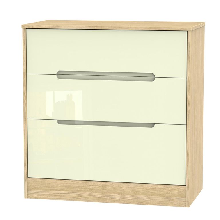 Monaco Chest - Deep - 3 Drawer - Cream Gloss and Light Oak
