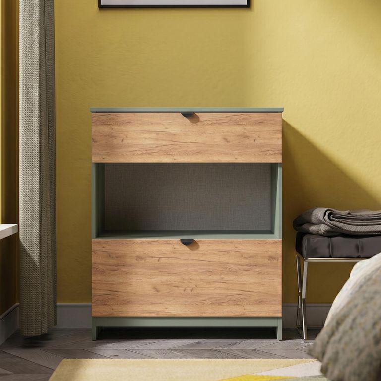 Bora Chest - 2 Drawer - Open Shelf - Deep - Gold Craft Oak and Reed Green