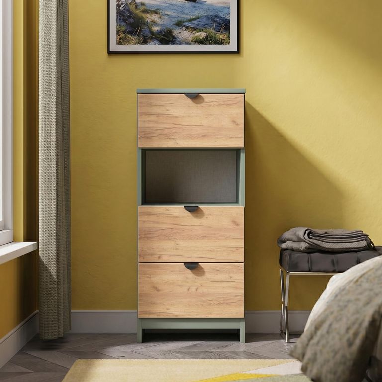 Bora Chest - 3 Drawer - Open Shelf - Gold Craft Oak and Reed Green