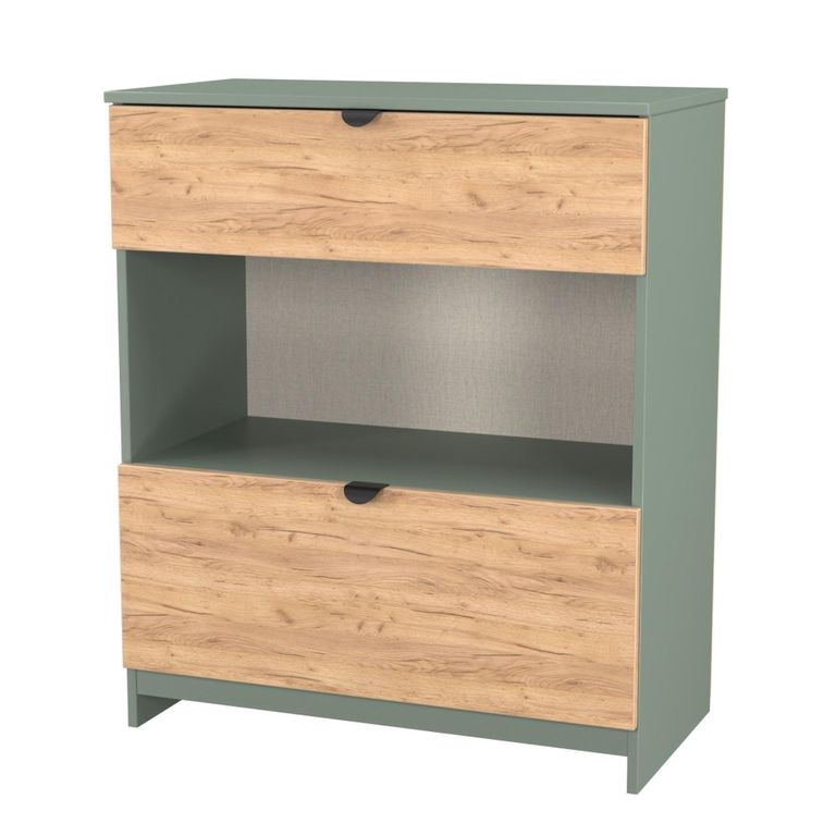 Bora Chest - 2 Drawer - Open Shelf - Deep - Gold Craft Oak and Reed Green