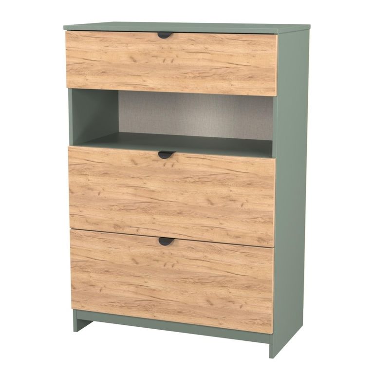 Bora Chest - 3 Drawer - Open Shelf - Deep - Gold Craft Oak and Reed Green