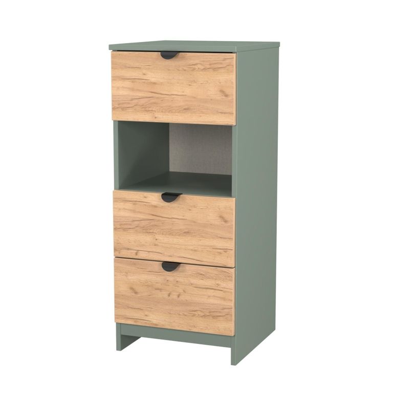 Bora Chest - 3 Drawer - Open Shelf - Gold Craft Oak and Reed Green