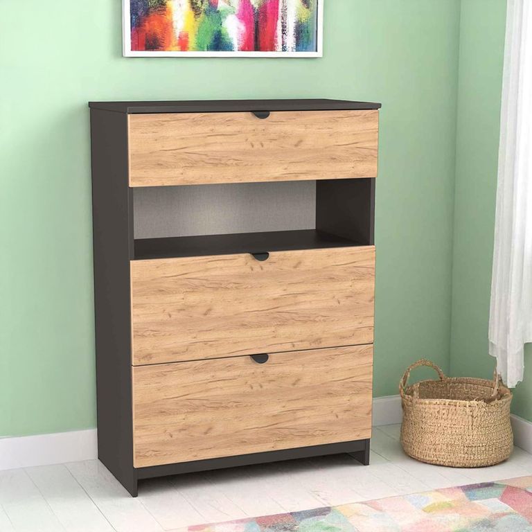 Bora Chest - 3 Drawer - Open Shelf - Deep - Gold Craft Oak and Graphite