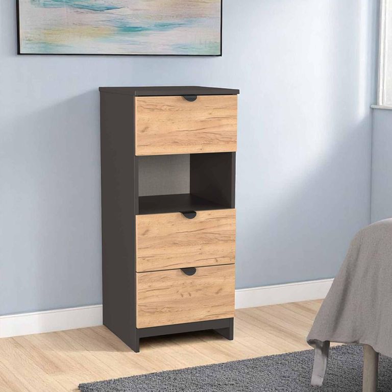 Bora Chest - 3 Drawer - Open Shelf - Gold Craft Oak and Graphite