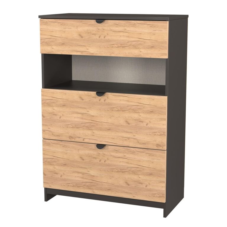 Bora Chest - 3 Drawer - Open Shelf - Deep - Gold Craft Oak and Graphite