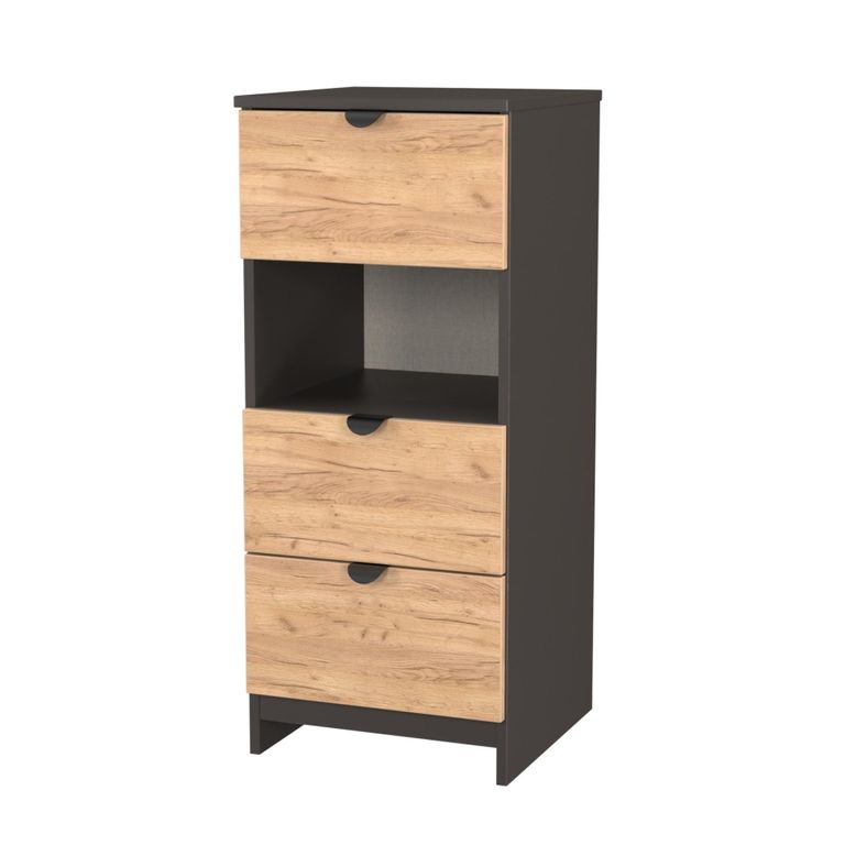 Bora Chest - 3 Drawer - Open Shelf - Gold Craft Oak and Graphite