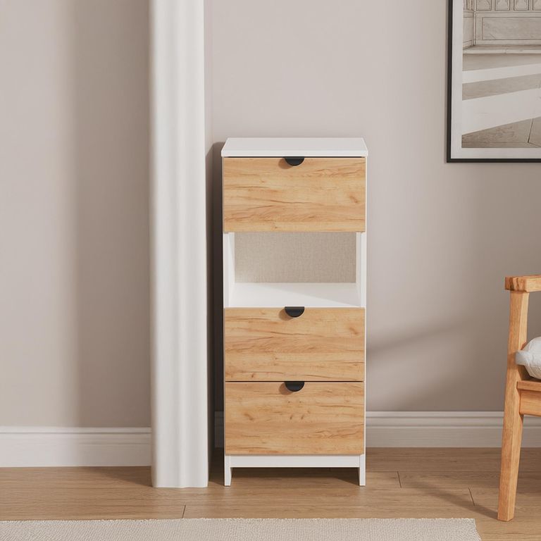 Bora Chest - 3 Drawer - Open Shelf - Gold Craft Oak and White Matt