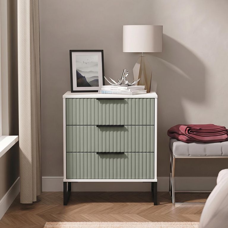 Fluted Chest - 3 Drawer - Midi - Reed Green and White Matt