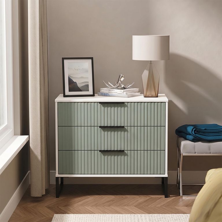 Fluted Chest - 3 Drawer - Reed Green and White Matt