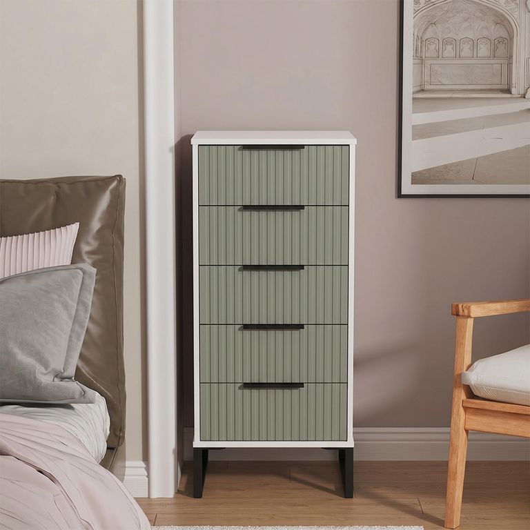 Fluted Chest - 5 Drawer - Narrow - Reed Green and White Matt