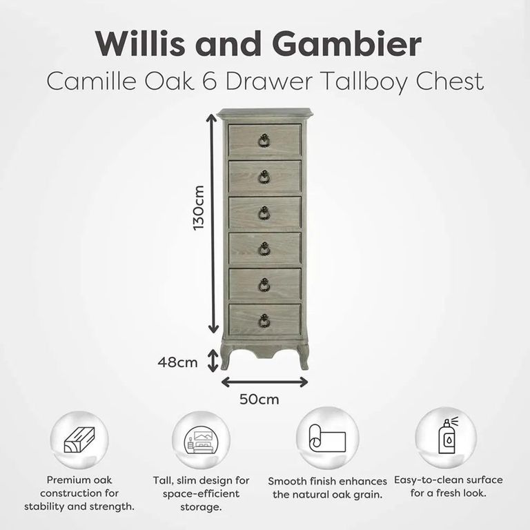 Camille Tall Chest - 6 Drawer - Grey Oak